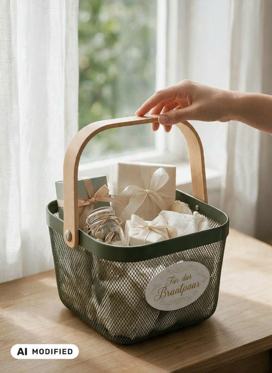 Geschenkkorb für das Brautpaar – grüner Metallkorb mit Bambusgriff und Schild, gefüllt mit Geschenken